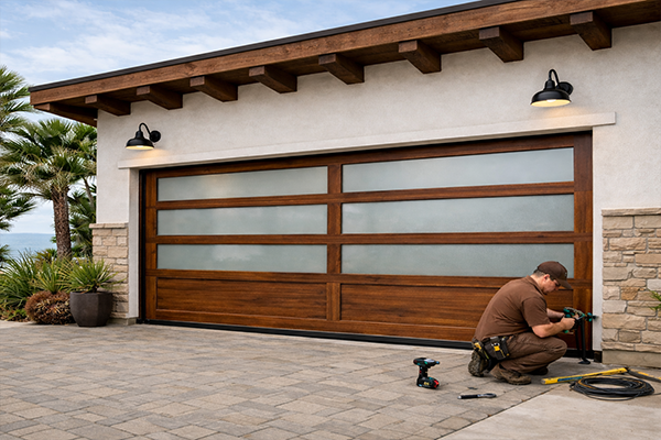 New custom garage door installed on modern coastal home